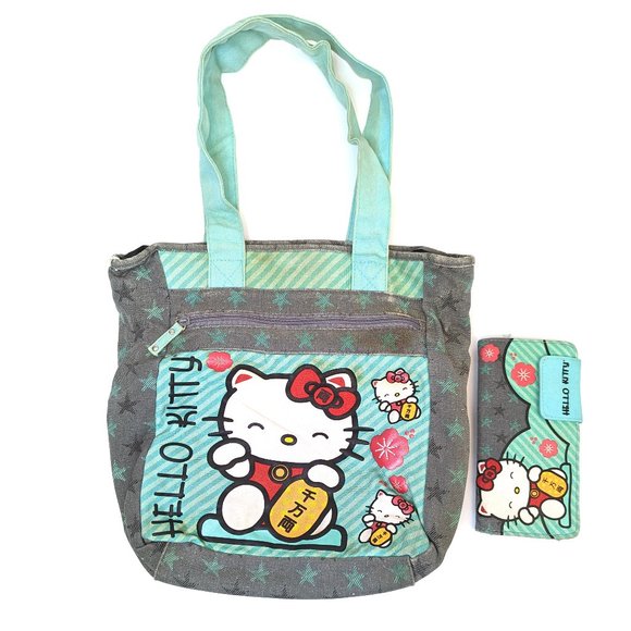 Hello Kitty Sanrio Maneki-Neko Lucky Cat Cute Large Canvas Tote w/ Clutch Wallet - Picture 1 of 7